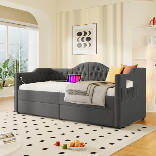 Soweiz Polsterbett Tagesbett Einfaches Sofabett Multifunktionales Stauraumbett mit USB-Typ-C-Ladung und 2 Schubladen Bettrahmen (Matratze Nicht enthalten) (Grau Linen, 90x200cm)