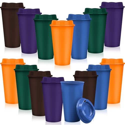 LYCN 15 Pack Reusable Coffee Cups with Lids,16 oz/450 ml Colourful Plastic Travel Mug Bulk, Cold Cups Party to Go Tumbler for Iced Coffee Smoothie Milkshake (5 Colors)