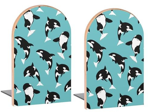 Buchstützen aus Holz, nahtlos, schwarz, Wal-Muster, dekorative Buchstützen für Regale, Zimmer, Schreibtisch, Heimbüro, Buchstopper für Zeitschriften, Bücher, DVDs, 2 Stück