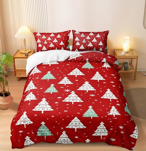 Merryword Weihnachtsbaum-Bettwäsche-Set – Queen-Size-Größe, Rot & Grün, Weihnachts-Bettwäsche-Set mit niedlichem Schneeflocken-Muster