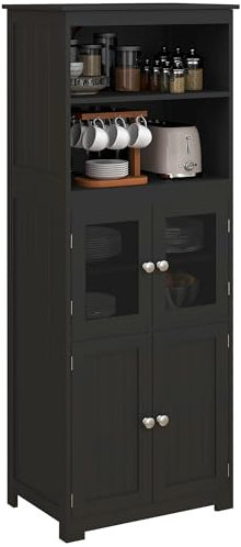 HOMCOM Armoire de Cuisine Buffet Cuisine vaisselier Meuble de Rangement avec 2 niches, 2 placards avec 4 Portes Dont 2 Portes vitrées, étagère réglable - dim. 60I x 30P x 162H cm Noir