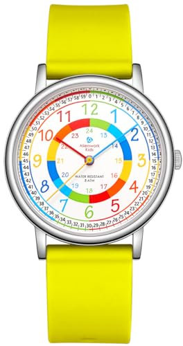 Alienwork Lernuhr Kinderuhr Jungen Mädchen Silber Silikon-Armband Gelb Mehrfarbig Kinder-Uhr Zeit Lernen Ultra-flach dünn