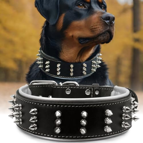 Hundehalsband aus Leder mit Stacheln, handgefertigt, 5,6 cm breit, mutiger Schutz und stilvolles Design, ideal für kraftvolle Rassen, silberner Schatten, 57,4–67,6 cm