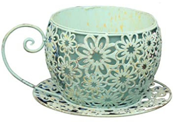Metal Iron Coffee Cup Flower Pots with Matching Saucer for Indoor and Outdoor Planters Hollow Floral Design Tea Cup Garden Plant Holder for Home Garden Decor (Green)