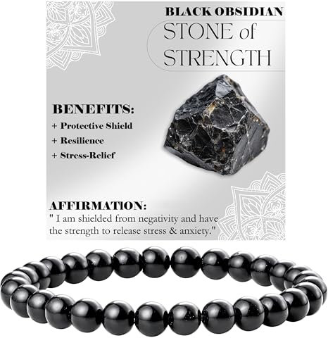 Bivei Schwarzer Obsidian - Stärke - Perlenarmband für Frauen 6mm Halbedelstein dehnbarer elastischer Schmuck Yoga Geschenke Groß