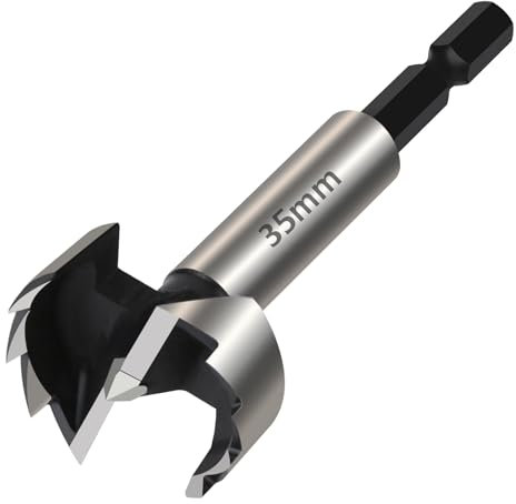 Vearter 35mm Forstner Drill Bit, High Carbon Steel Multi-Tooth Woodworking Tools with Hex Shank, Hinge Boring Hole Cutter for Solid Wood, MDF, Plastic, Particleboard, Plywood