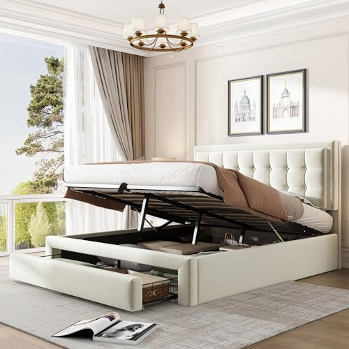 Merax 4ft6 Double Bed Frame with Storage, Ottoman Bed Frame with Footboard Drawers, Hydraulic Bed Frame with Wood Slats, Cream Velvet/135x190cm(No Mattress)