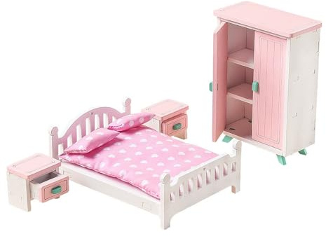 WANGCL 7-teiliges Schlafzimmer-Puppenhausmöbel-Schrankmöbel-Schlafzimmerset Doppelbett und Bettwäschezubehör Mini-Puppenmöbel aus Massivholz