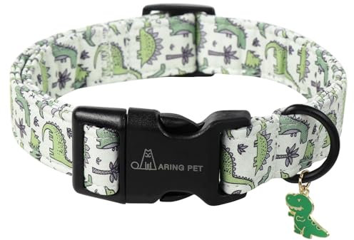 ARING PET Hundehalsband, Hundehalsband mit Grünen Dinosauriern Bedruckt, Niedliches Halsband aus Baumwolle mit Schnellverschluss aus Kunststoffschnalle für Jungen und Mädchen Hunde