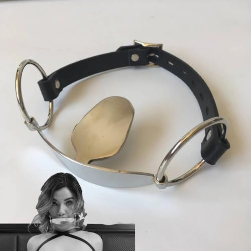 Edelstahl Zunge Depressor 5,6cmØ4cm Mund Gag PU Leder Kopf Harness BDSM | YILUQIFLY Bondage verstellbar Mundknebel Doppeltür-Knebel Fetisch Mundsperre Flirten Sexspielzeug Paare Frauen Männer Sub