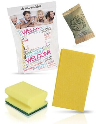 50 Kits de Limpieza para Cocina Alojamientos Turísticos – con Bayeta Amarilla, Esponja Salvauñas y Sobre de Lavavajillas 15ml – Amenities de Bienvenida – Hecho en España - Set de cocina para limpiar