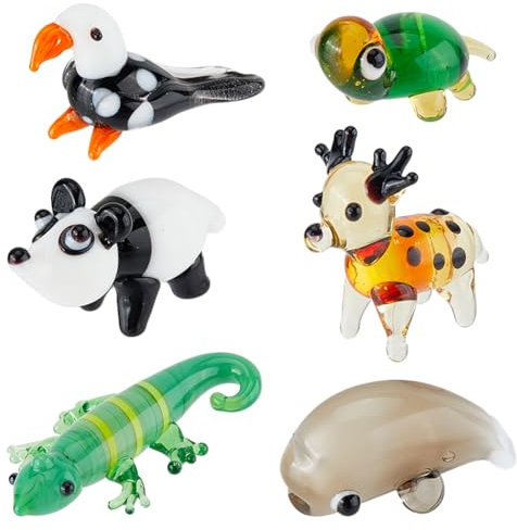 Hobbspring 6 Stück Mundgeblasene Glasfiguren Miniatur Tier Glasdekor Buntes Glas Delfin Vogel Schildkröte Chamäleon Hirsch Panda Schaudekorationen Für Zuhause Sammlerstücke Geschenke