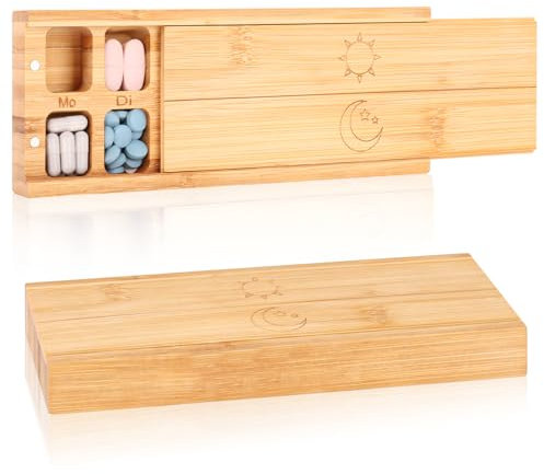 Bambus Medikamentendispenser 7 Fächer mit Magnetischem Deckel Tablettenbox 7 Tage Morgens Abends Holz Pillendose 7 tage Pillenbox Supplement Box ästhetik für Nahrungsergänzungsmittel Vitamine Pillen