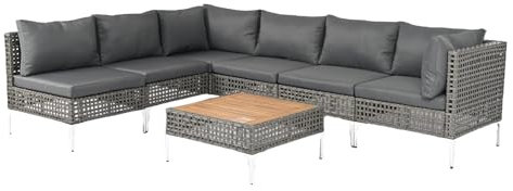 LIFEZEAL 7er Gartenmöbel Lounge Set, Rattan Terassenmöbel für Außenbereich, Outdoor Sitzgruppe mit Beistelltisch & Kissen für 6-8 Personen, Gartenlounge für Garten, Terrasse und Balkon (Grau+Natur)