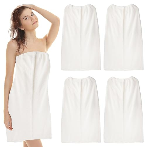 Lot de 4 Serviettes Enveloppantes Femme, Fermeture à Scratch, Blanc, 85 cm | Paréos de Bain Réglables avec Haut Élastique pour Spa, Massage, Sauna, Hammam, Piscine, Hôtel et Salon de Beauté