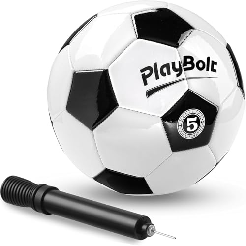 PlayBolt Black & White Soccer Balls - Sizes 2, 3, 4, 5, Pack of 1 or 4 | Soccer Ball with Pump for Kids, Toddlers & Adults
