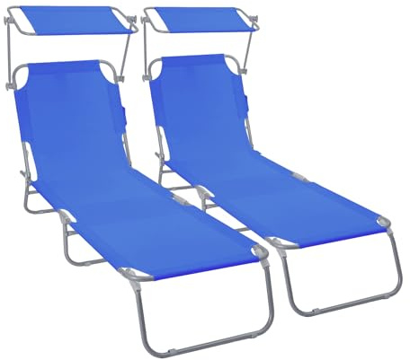 VOUNOT® 2er Set Sonnenliege Klappbar, Gartenliege mit Dach und 4-Fach Verstellbarer Rückenlehne, Leichte Strandliege für Garten, Terrasse, Camping, Pool & Strand, Blau