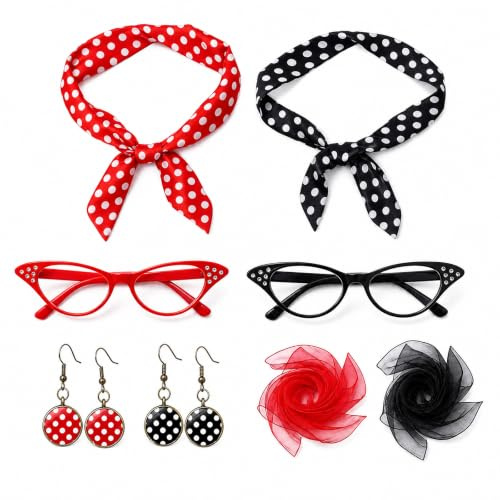 DvBCNMe Rockabilly Accessoires Damen, 8-teiliges Set mit Brillen, Ohrringen und Schals, 50er Jahre Outfit Damens, Rockabilly Kleider Damen, Kostümzubehör für Mottopartys und Retro-Events