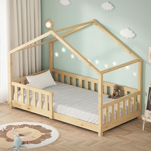 ML-Design Kinderbett Hausbett 80x160 cm Natur, Holzbett mit Rausfallschutz, Lattenrost und Dach, Spielbett aus massivem Kiefernholz für Kinder, Montessori Bodenbett Bettgestell Bettenhaus Juniorbett