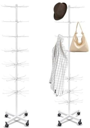 TOOSOAR 7-Stöckiges Verkaufsständer Drehbar,Display Ständer mit Haken,mit Rollen,Beweglich und Verstellbar,für Hüte, Schmuck, Socken & Seidenschals(Weiß)