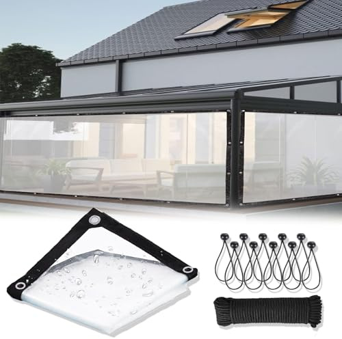 Wasserdichte Plane, 2,4 x 3,6 m, durchsichtig, mit Seil und Bungee-Bällen, verdickte transparente Kunststoffplane, 244 x 366 cm, für Gewächshausabdeckung, Carport, Gartenschutz und Notunterkunft