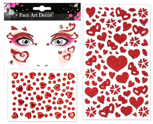 3 PCS Herz Gesichtstattoo Karneval Set, Glitzer Köln Tattoos Aufkleber Gesicht, Glitzersteine Gesicht Tattoo - Amor Kostüm Damen, Karneval, Köln Fasching, Valentinstag Schminke Accessoires