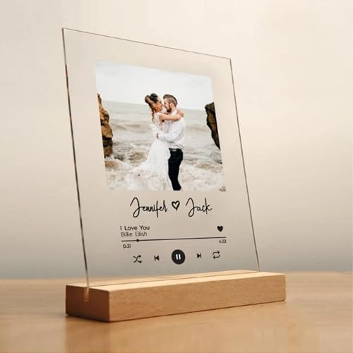 PintoHardware Placa Acrílica Personalizada con Foto y Canción, Diseño Reproductor Musical, Base de Madera, Luz LED, Regalo Romántico