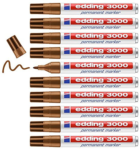 edding 3000 Permanentmarker - ocker- 10 Stifte - Rund-Spitze 1,5-3 mm - schnell trocknender Permanent Marker - wasserfest, wischfest - für Karton, Kunststoff, Holz, Metall - Universalmarker