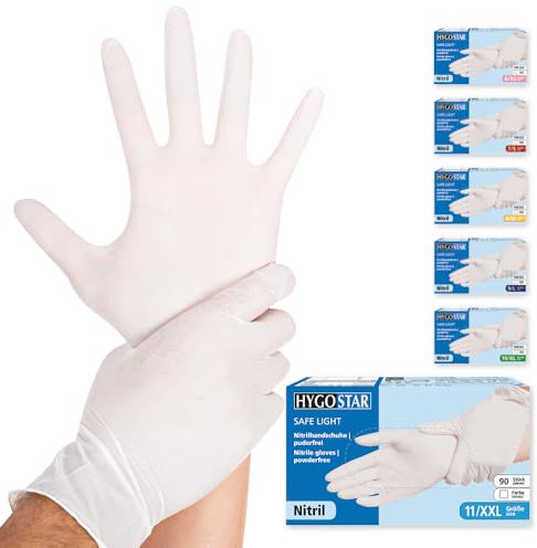 Franz Mensch Hygostar Nitrilhandschuhe Safe Light | puderfrei, weiß, 11/XXL, 24cm, 90 Stück, Einweghandschuhe, Einmalhandschuhe, in Gr. XS, S, M, L, XL & XXL verfügbar
