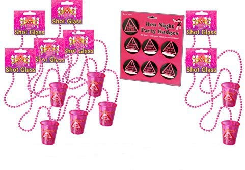 Seven Hen Party Shot Glasses with Badges.