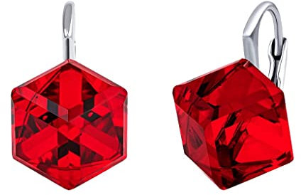 SILVEGO Damen Ohrringe aus 925 Sterling Silber mit Swarovski Crystals Würfel Rot