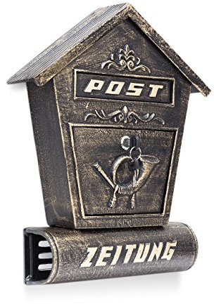 Relaxdays Briefkasten Antik mit Zeitungsfach spitzes Dach HBT: 47 x 30 x 9,5 cm Wandbriefkasten aus Gusseisen zur Wandmontage mit Zeitungsrolle nostalgisches Design mit Verzierung, bronze