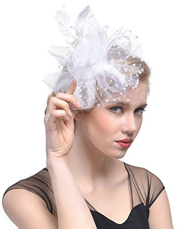 FakeFace Fascinator Hüte mit Feder Blumen Haar Clip Haarreif Haar Accessoire Netz-Mütze Schleier Cocktail Tea Party Hochzeit Kirche Haarschmuck, M, Weiß