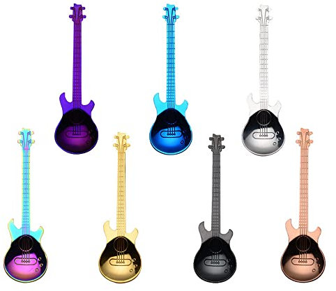 Xrten 7 Pcs Guitare Cuillères à Café, Cuillère à Dessert Acier Inoxydable Instrument Guitare en Forme de Cuillères à Café, Longue Poignée Cuillères
