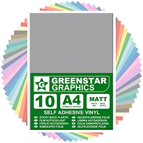 GREENSTAR GRAPHICS MATT A4 STICKY BACK PLASTIC SELF ADHESIVE ART & CRAFT VINYL (10 SHEET PACK). Compatible With 12” Cricut, Silhouette Cameo/Curio/Portrait, Scan N Cut (LIGHT GREY MATT 10 A4)