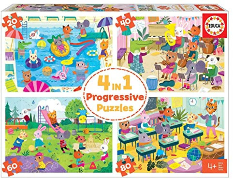 Educa - Puzzles Progresivos Infantiles con 20, 40, 60 y 80 Piezas. 4 en 1 Un Día en la Escuela. A Partir de 4 años (18904)