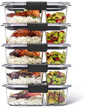 Rubbermaid 5-teilige Brilliance Frischhaltedosen für Mahlzeitenzubereitung mit 2 Fächern und Deckeln, spülmaschinenfest, 2,85 Tassen (675 ml), transparent/grau, 5 Stück (1 Stück)