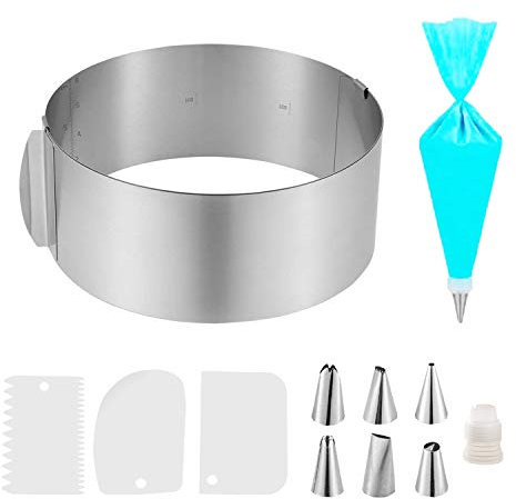6-12 Zoll Tortenring mit verstellbarem Durchmesser, Rostfreier Edelstahl Cake Kreis mit Backen zubehör, Ausziehbar Easy Baking, Ersatz ideal für Tortenkreationen