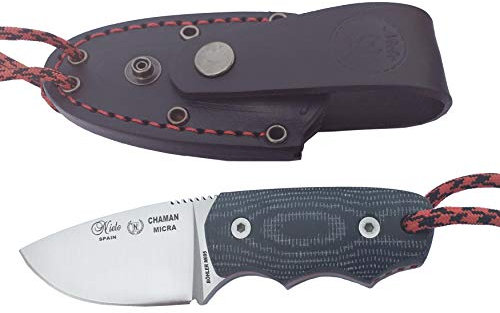 Miguel Nieto, Cuchillo Chaman Micra, Hoja de 6 cm. Acero Inox. Böhler N695, Micarta Negra y Funda de Cuero, 136-MB