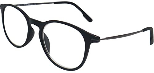 Moderne Nerd Anti Blaulicht Brille Lesebrille mit große Runde Gläsern, Gratis Etui, Kunststoff Rahmen (Schwarz) und Metall Bügeln, Blaulichtfilter Brille Damen und Herren 1.5 Dioptrien