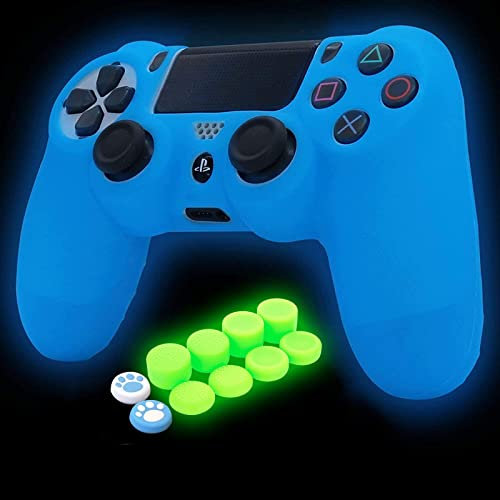 HLRAO Blauer PS4-Controller-Skin-Silikongriff, im Dunkeln leuchtende Schutzhülle für PS4/Slim/Pro 4-Controller mit 8 im Dunkeln leuchtenden Daumengriffkappen + 2 süßen Katzenpfoten-Daumengriffkappen.