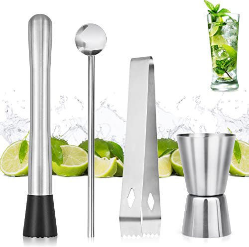 4 Stück Cocktail Stößel Set, Edelstahl Mojito Cocktailstößel Bar Tool Set für Oktoberfest, Mojito Cocktail rührlöffel mit Stößel Eisclip Messbecher Mojitoset
