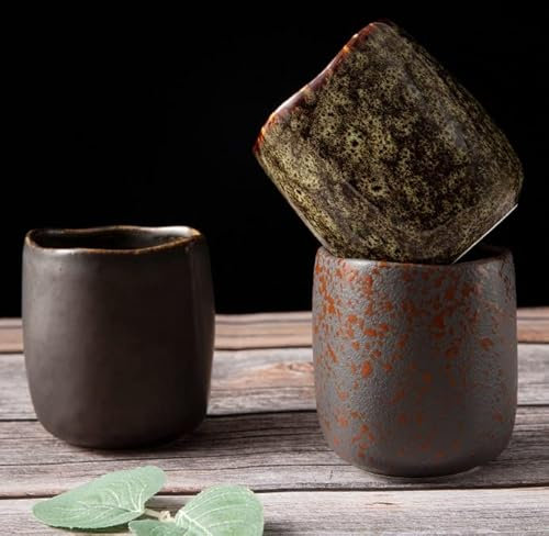 Tazza senza manico: elegante tazza in ceramica per caffè e tè, set da 3 tazze da 200 ml, in ceramica senza manico, in gres, lavabile in lavastoviglie, set di tazze in ceramica, trasparente, marrone
