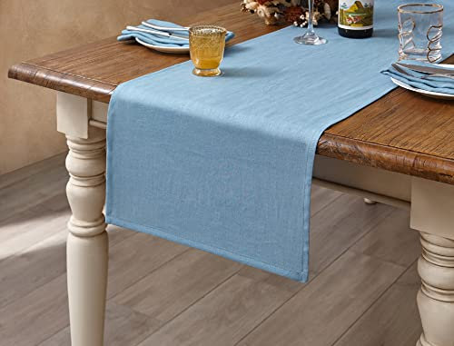 DAPU Tischläufer Leinen, 100% Französisches Naturleinen 40 × 140cm Tisch Läufer, Abwaschbare Moderne Einfarbige Tischdecke Leinenoptik für Essentisch Hochzeit Party, Blau