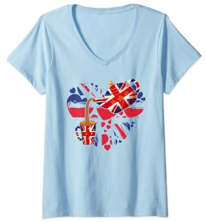 Womens Union Jack Teapot & Teacup Idea For Kids & British Expats V-Neck T-Shirt