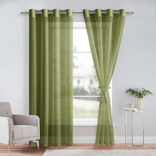 DWCN 2er Set Gardine Weiß Ösenschal Transparent Vorhang Weiß Sheer Voile Vorhänge mit Ösen Transparente Gardinen mit Vorhang-Krawatten, Olivgrün, 240x140cm(HxB)