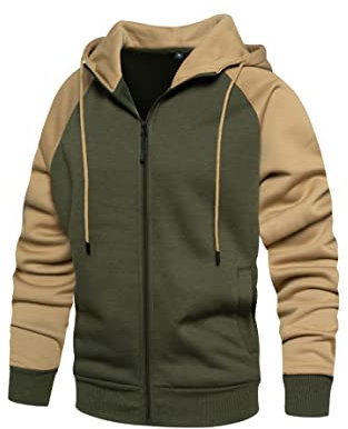 Wirltte Mens Hoodies Zip Up Hoodie Patchwork Fleece Jacket Winter Warm Hooded Khaki L