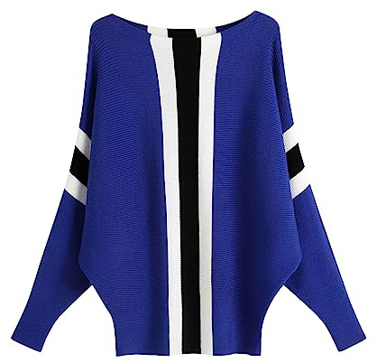 FULIER Pull Femme Col Bateau Pull Tricoté Bat Manches Longues Casual Loose Sweater Taille Unique (Bleu-2)