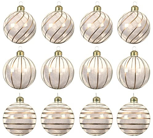 Kaemingk Weihnachtskugeln Glas 8cm x 12 Stück mit Feder gefüllt Streifen Muster Christbaumkugeln transparent