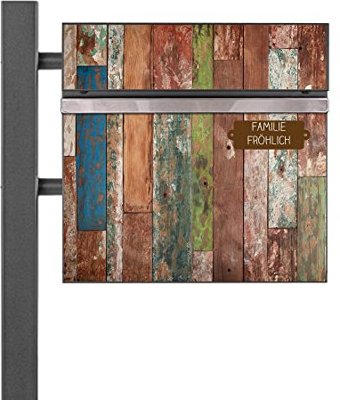 banjado® Standbriefkasten Anthrazit mit Namensschild Buntes Holz & Zeitungsfach/Briefkasten mit Standfuß in Anthrazit/Postkasten A4 Einwurf inkl. Montagematerial & 2 Schlüsseln
